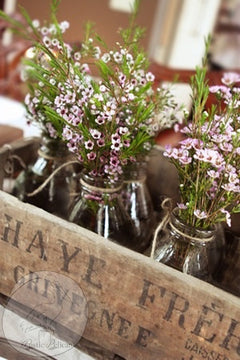 Farmhouse French Country painted milk bottles with high quality flowers in nested compartment boxes